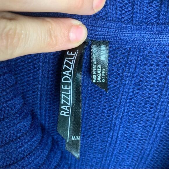 Solid Blue Chunky Cable Knit Shawl Collar Sweater size M Long Sleeve with pocket - Picture 7 of 11